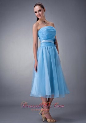 Hand Made Flower Blue Chiffon Dama Dresses Strapless