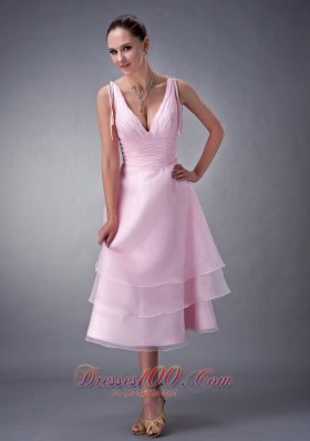 Baby Pink V-neck Layered Tea-length Bridesmaid Dress