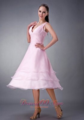 Baby Pink V-neck Layered Tea-length Bridesmaid Dress