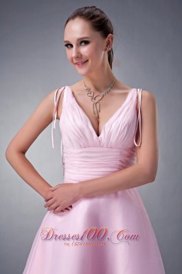 Baby Pink V-neck Layered Tea-length Bridesmaid Dress