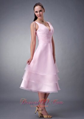 Baby Pink V-neck Layered Tea-length Bridesmaid Dress