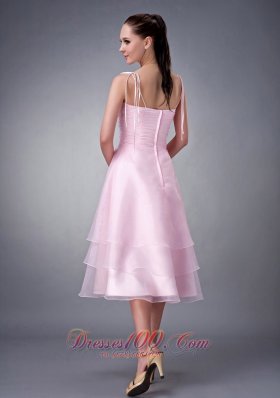 Baby Pink V-neck Layered Tea-length Bridesmaid Dress