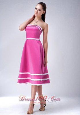 Satin Hot Pink StraplessTea-length Bridesmaid Dress