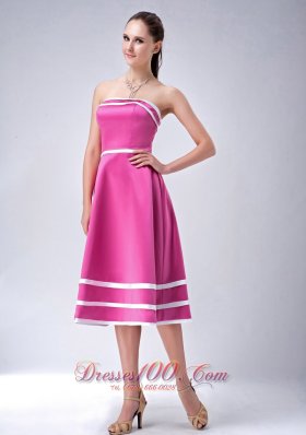 Satin Hot Pink StraplessTea-length Bridesmaid Dress