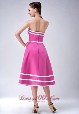 Satin Hot Pink StraplessTea-length Bridesmaid Dress