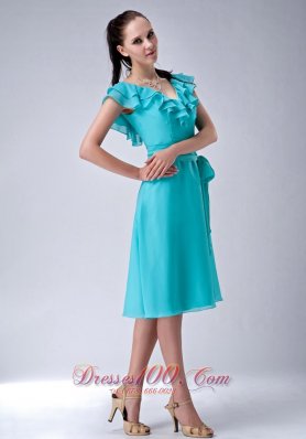 Cap Sleeves Turquoise V-neck Chiffon Bridesmaid Dama Dress