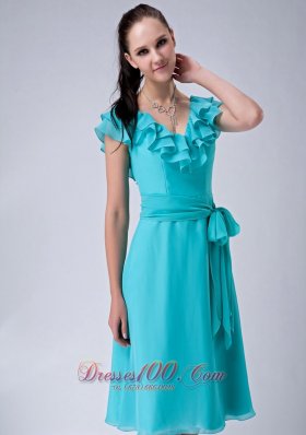 Cap Sleeves Turquoise V-neck Chiffon Bridesmaid Dama Dress