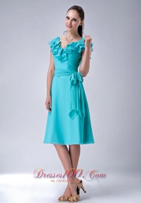 Cap Sleeves Turquoise V-neck Chiffon Bridesmaid Dama Dress