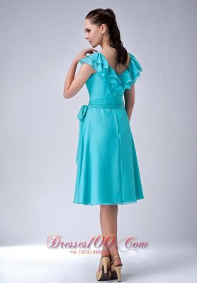 Cap Sleeves Turquoise V-neck Chiffon Bridesmaid Dama Dress