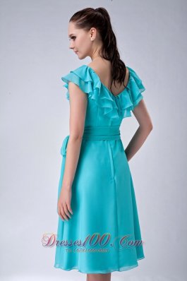 Cap Sleeves Turquoise V-neck Chiffon Bridesmaid Dama Dress