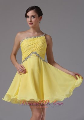 One Shoulder Yellow Beading Chiffon Prom Dama Dresses