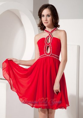 Crosss Straps Red Cocktail Dama Dress Beading Mini-length