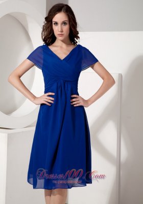 Short Sleeves Royal Blue V-neck Mother of the Bride Dress