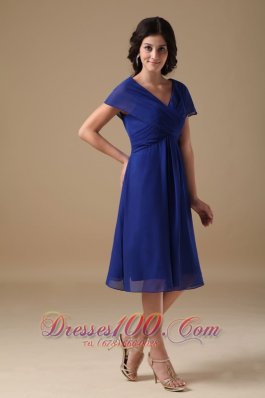 Short Sleeves Royal Blue V-neck Chiffon Mother Dress