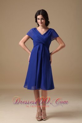 Short Sleeves Royal Blue V-neck Chiffon Mother Dress