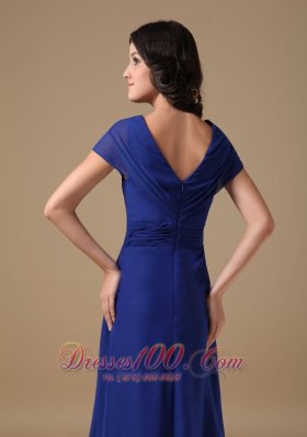 Short Sleeves Royal Blue V-neck Chiffon Mother Dress