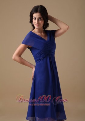 Short Sleeves Royal Blue V-neck Chiffon Mother Dress