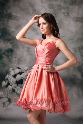 Bateau Watermelon Red A-line Taffeta Mini-length Dama Dresses