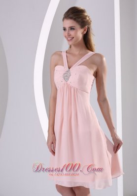 V-neck Baby Pink Empire Knee-length Prom Dama Dresses