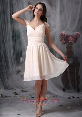 V-neck Off White Straps Chiffon Ruched Dama Dresses