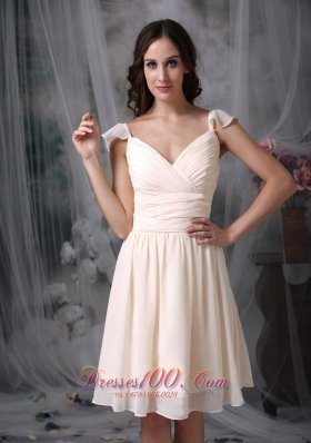 V-neck Off White Straps Chiffon Ruched Dama Dresses