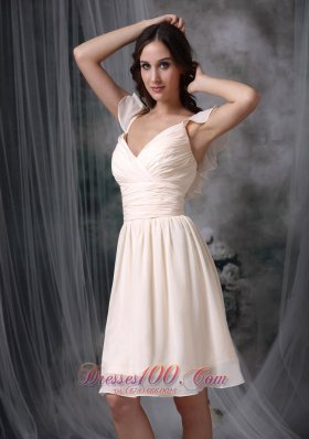 V-neck Off White Straps Chiffon Ruched Dama Dresses