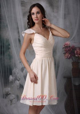 V-neck Off White Straps Chiffon Ruched Dama Dresses