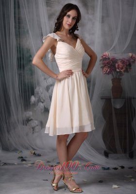 V-neck Off White Straps Chiffon Ruched Dama Dresses