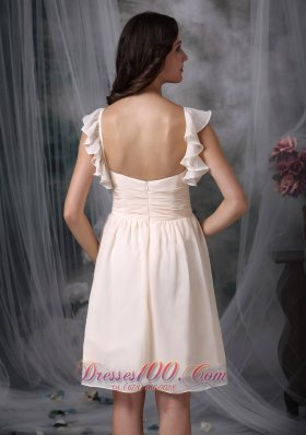 V-neck Off White Straps Chiffon Ruched Dama Dresses