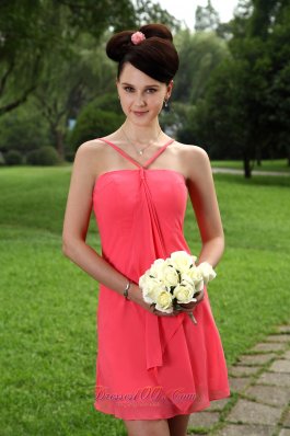 Coral Red V-neck Mini-length Chiffon Bridesmaid Dama Dresses