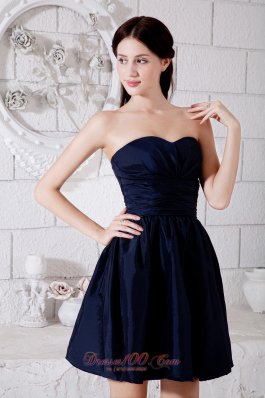 Navy Blue Taffeta Ruched Strapless Mini-length Dama Dresses