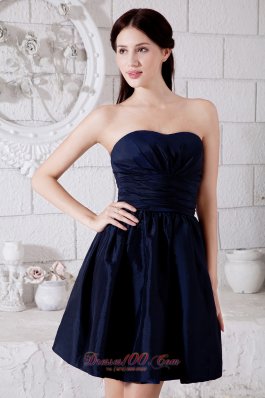 Navy Blue Taffeta Ruched Strapless Mini-length Dama Dresses