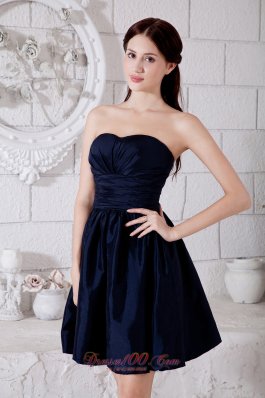 Navy Blue Taffeta Ruched Strapless Mini-length Dama Dresses