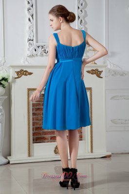 Sky Blue Straps Knee-length Chiffon Prom Dama Dresses