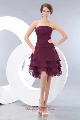 Layered Knee-length Burgundy Strapless Bridesmaid Dama Dress