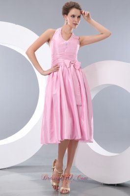 Halter Tea-length Taffeta Pink Bowknot Dama Dresses