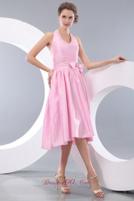 Halter Tea-length Taffeta Pink Bowknot Dama Dresses