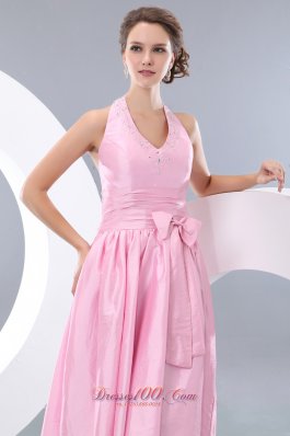 Halter Tea-length Taffeta Pink Bowknot Dama Dresses