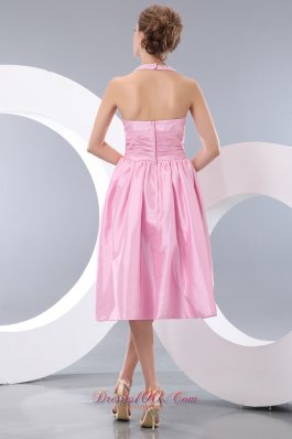 Halter Tea-length Taffeta Pink Bowknot Dama Dresses