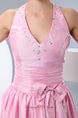 Halter Tea-length Taffeta Pink Bowknot Dama Dresses