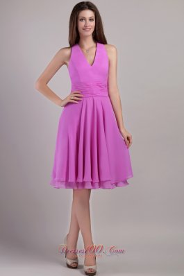 Lavender Halter Knee-length Chiffon Bridesmaid Dama Dresses