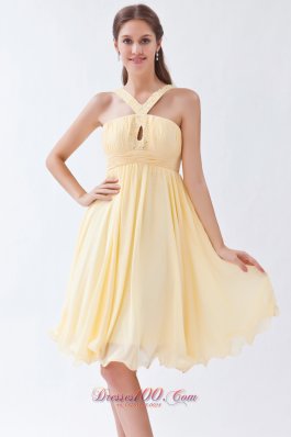 V-neck Yellow Empire Chiffon Beading Prom Dama Dresses