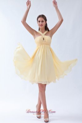 V-neck Yellow Empire Chiffon Beading Prom Dama Dresses