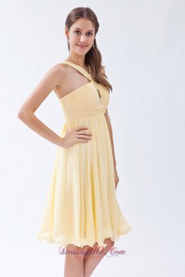 V-neck Yellow Empire Chiffon Beading Prom Dama Dresses