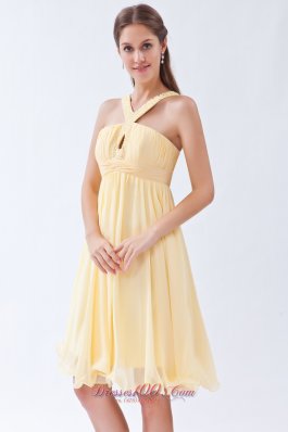 V-neck Yellow Empire Chiffon Beading Prom Dama Dresses