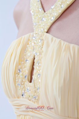 V-neck Yellow Empire Chiffon Beading Prom Dama Dresses