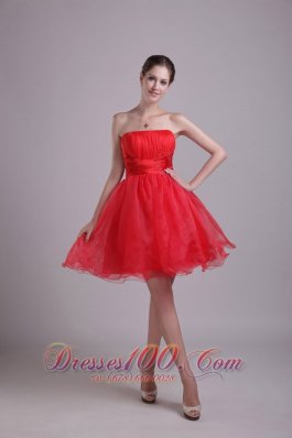 Red A-line Strapless Short Organza Prom Dama Dresses