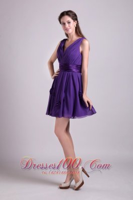 V-neck Mini-length Purple Chiffon Bridesmaid Dama Dresses