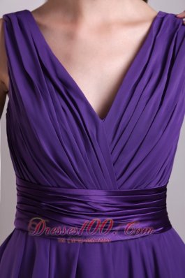 V-neck Mini-length Purple Chiffon Bridesmaid Dama Dresses