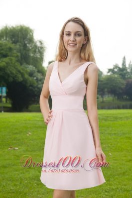 V-neck Baby Pink Mini-length Chiffon Bridesmaid Dress